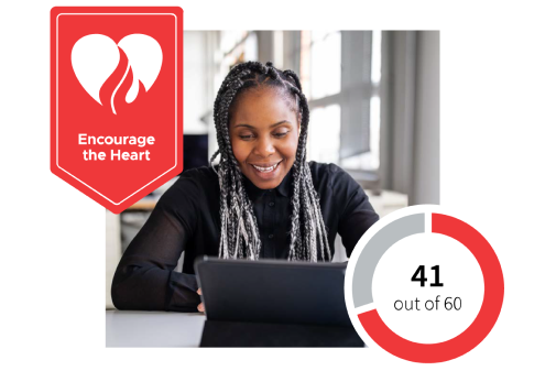 Woman smiling at camera in virtual meeting with overlay of Encourage the Heart badge and the numbers 41/60