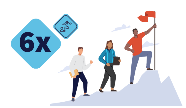 Three people climbing a mountain, one planting a red flag at the peak, symbolizing strong leadership and teamwork.