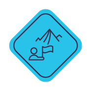 Blue badge with an outline of a mountain and a person standing holding a flag, conveying good leadership.