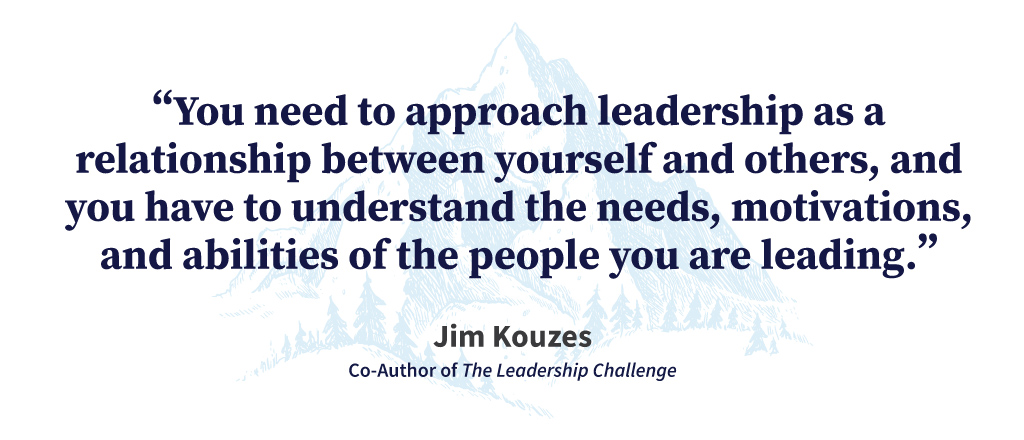 Quote graphic: 'You need to approach leadership as a relationship between yourself and others, and you have to understand the needs, motivations, and abilities of the people you are leading,' Jim Kouzes