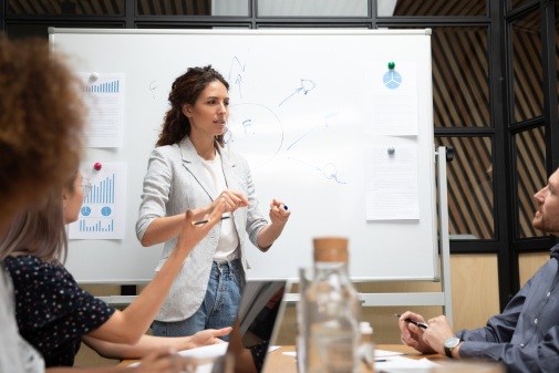 Woman leading group in front of white board with bar graph