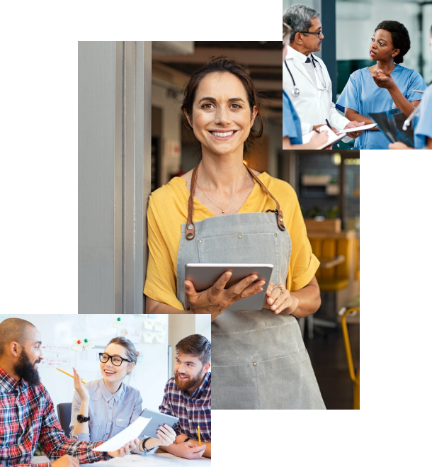 Collage of individuals in different work environments, including a hospital, a bakery, and office