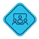 Small blue graphic of three people sitting in front of a white board.