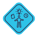 A person stands in the middle of three smaller graphics balancing a piece of paper, a lightbulb, and a clock.